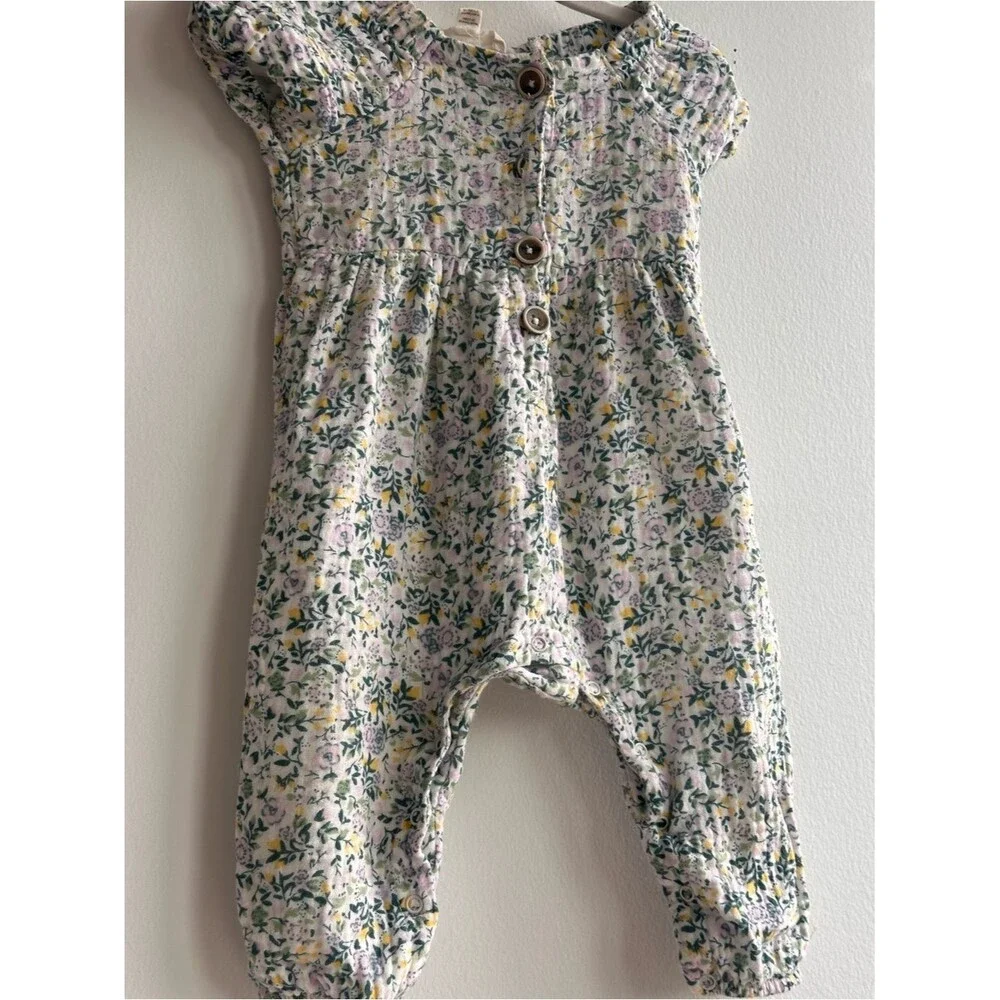 Cotton Floral Button-Front Baby Dress in White, Pink & Yellow